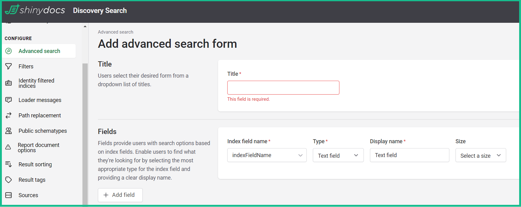 A screenshot of the Add advanced search form in the Discovery Search Admin Panel