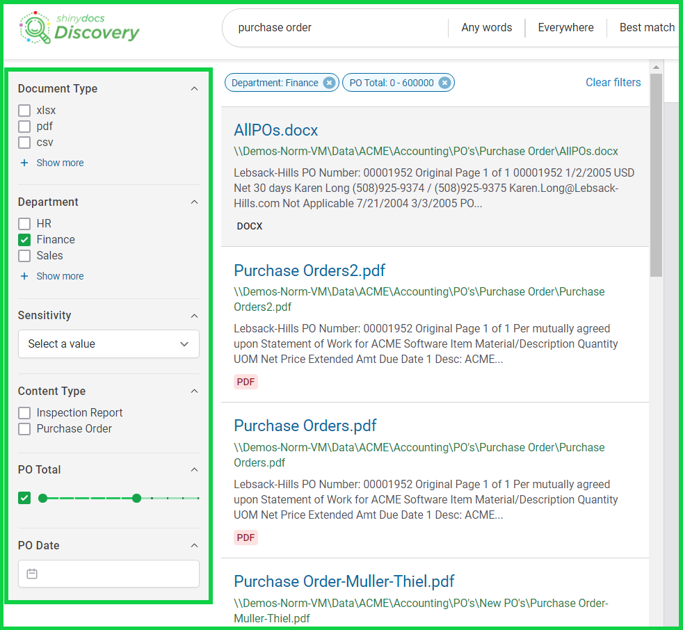 Screenshot of filters applied to results in Discovery Search