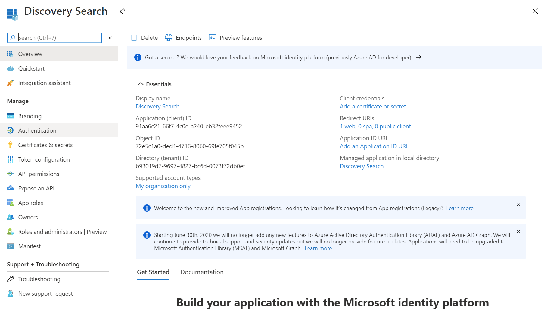 An image of the overview page that is returned after an administrator successfully registers the Discovery Search app.