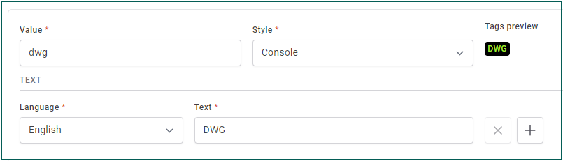 Example of how to configure a tag for index field extension. As administrator selects a Style value, the Tag preview updates.