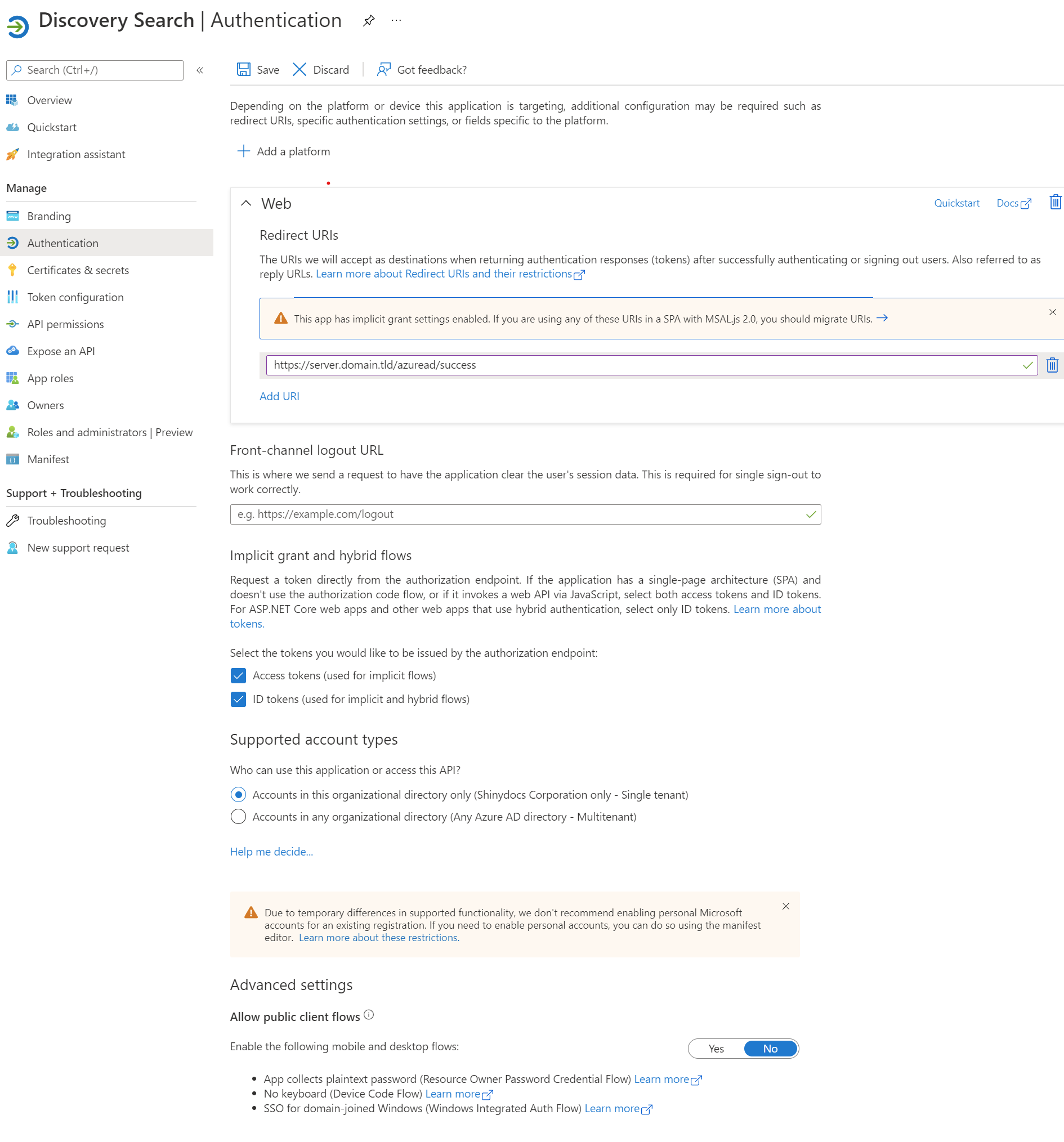 An image of the the page that is displayed after an administrator clicks the Authentication link.