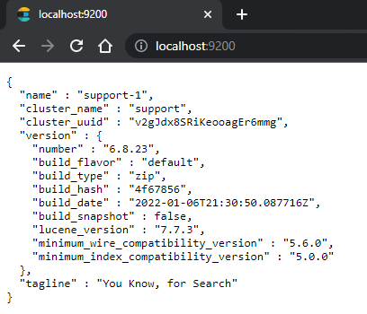 Screenshot that displays a JSON file containing indexer configuration info if the indexer is functioning normally.