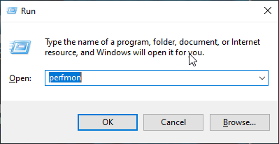 image of Windows run panel with perfmon entered in the Open field