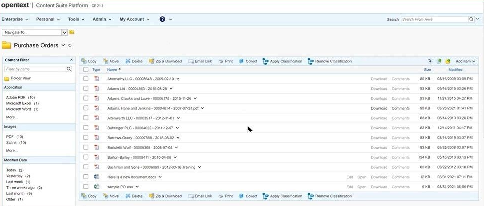 Example of a list of published Purchase Order documents in OpenText Content Server.