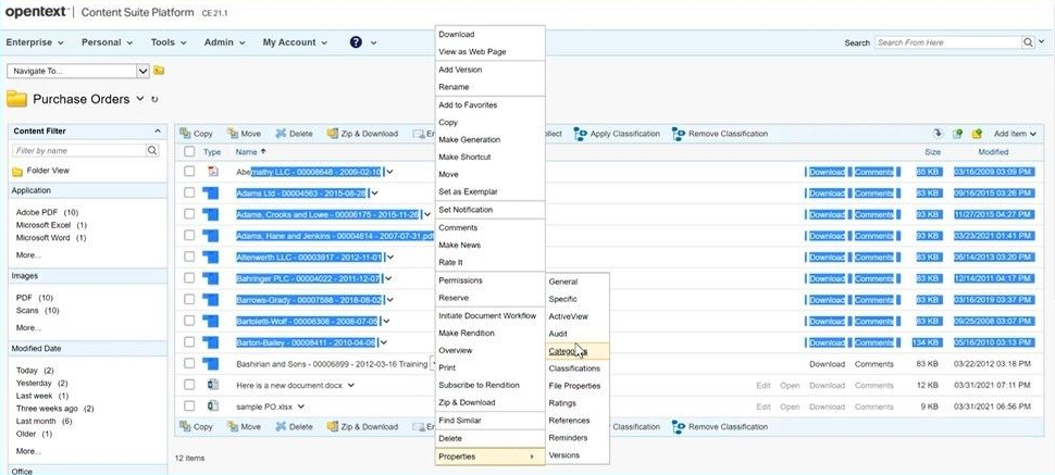 Example of the context menu when a user right mouse clicks while hovering over a file in a list of published Purchase Order documents in OpenText Content Server. The context menu item list includes Properties.