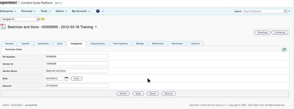 Example of a Categories tab in OpenText Content Server.