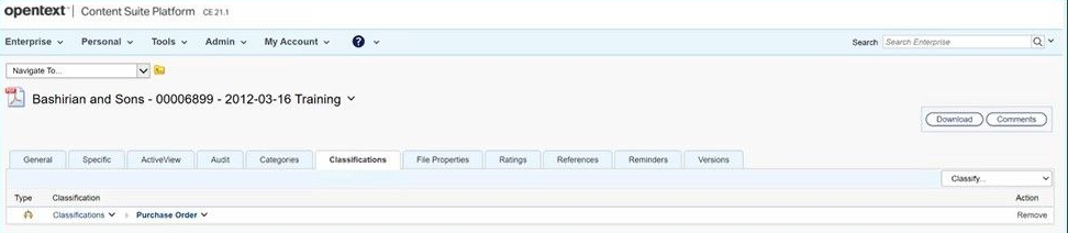 Example of a Classification tab in OpenText Content Server.