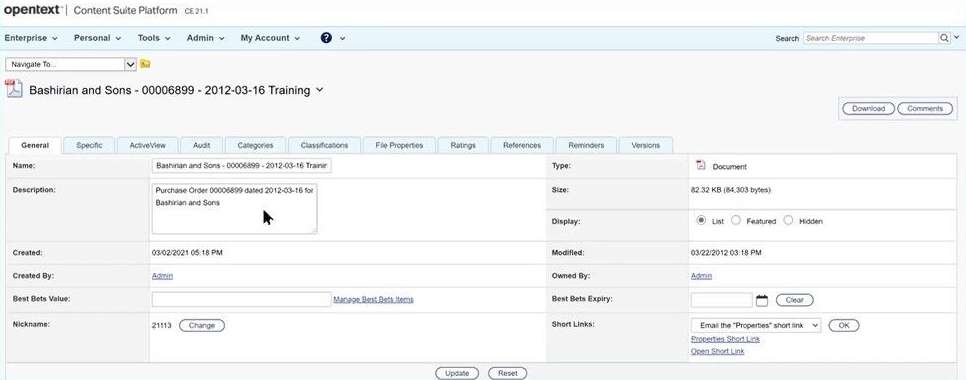 Example of the General tab in OpenText Content Server.