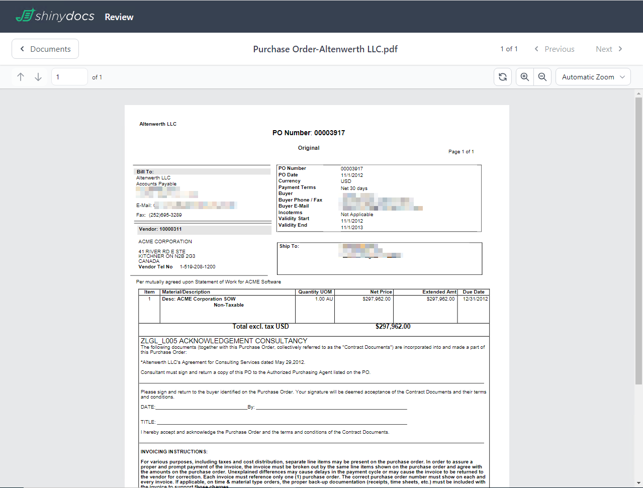 Individual document in review depicted with document preview pane.