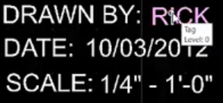 Image of a cursor hovering over a title block attribute. The attribute displays 'tag'.